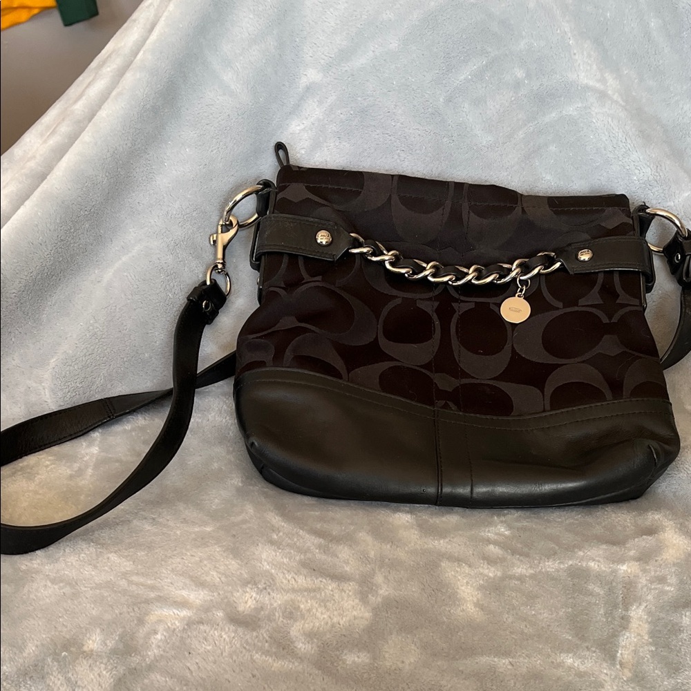 Coach Black and Dark Brown Signature Chain Crossbody Bag